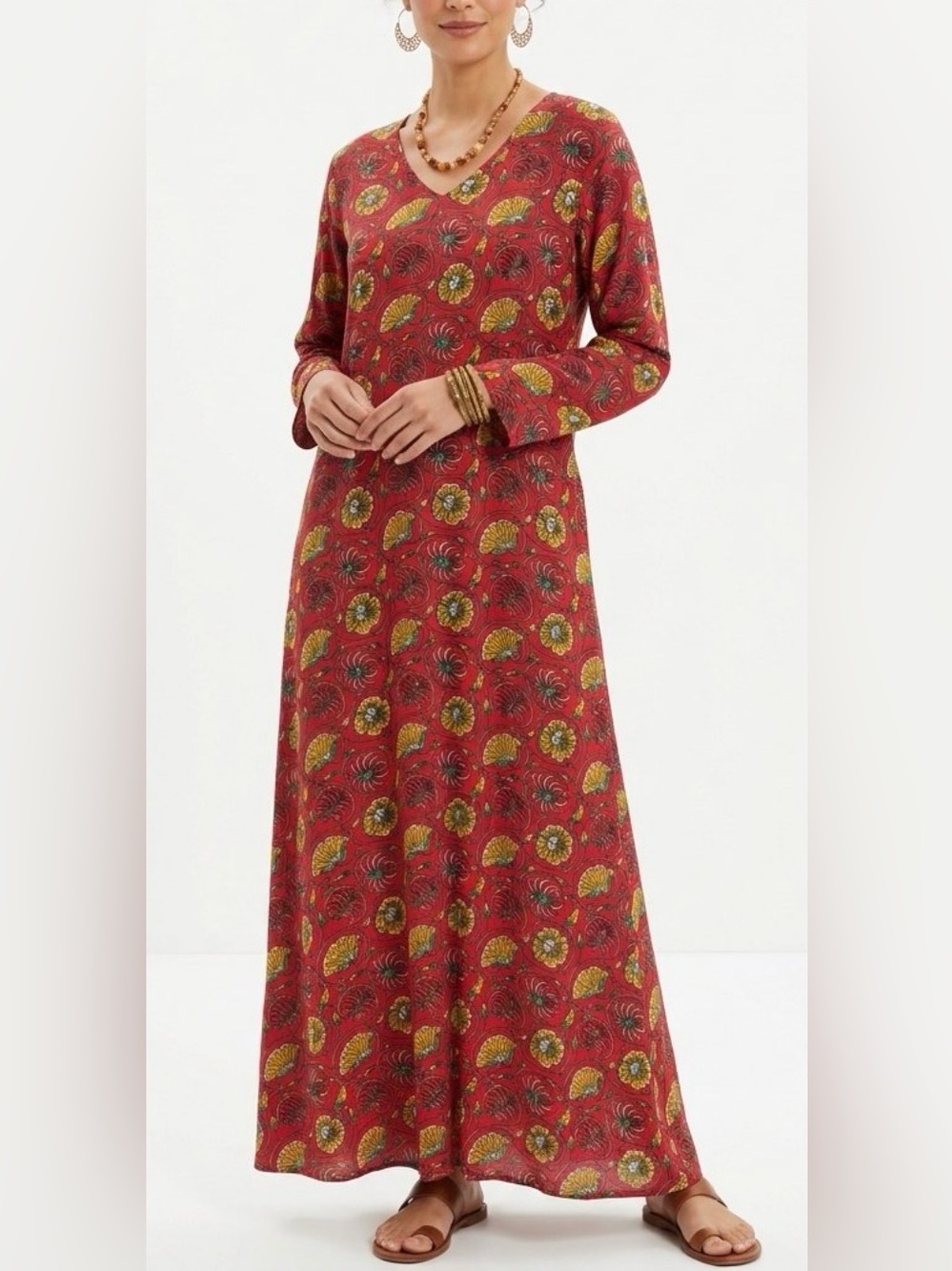 J. Peterman Boho Floral Caftan Maxi Dress Red/Orange Botanical Medium Excellent